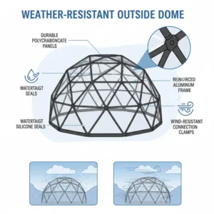 Technical diagram showing the weather resistant features of a dome for outside.