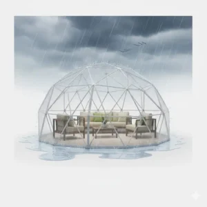 A weatherproof patio dome providing protection from rain and wind.