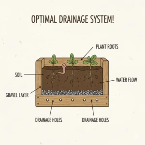 A cross-section illustration of a childrens planter box showing the drainage holes and gravel layer for healthy plant roots.