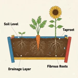 A cross-section illustration of soil and roots growing inside a kids planter box.