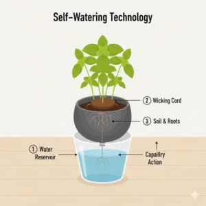 A detailed diagram of a self-watering container garden kit showing the internal reservoir.