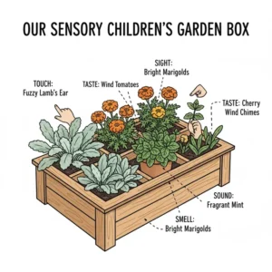 An illustration of a sensory-themed childrens garden box featuring fuzzy lamb's ear and bright marigolds.