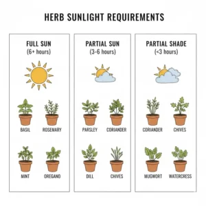 Educational chart displaying the specific sunlight needs for various plants in a herb container garden.