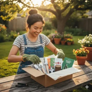 A gardener unboxing a new beginners garden kit to start a backyard vegetable patch.