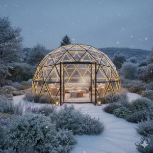 A weatherproof glass dome pergola surrounded by snow demonstrating its all-weather durability.