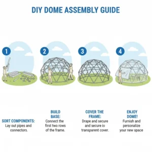 Step-by-step instructions on how to set up a portable dome for outside in a backyard.