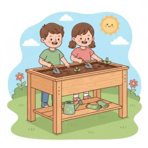 Illustration of an elevated kids garden bed designed at the perfect height for toddlers to reach.