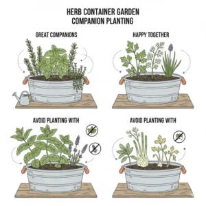Infographic about companion planting and which species thrive together in a herb container garden.