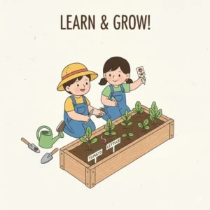 An illustration of a child labeling different vegetable sprouts in their own personal childrens planter box.