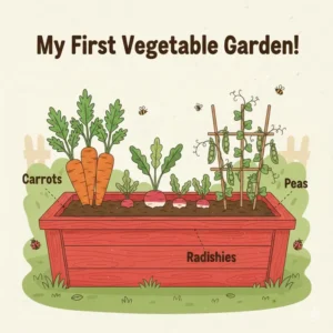 Bright illustration of fresh vegetables like carrots growing in a small kids planter box.