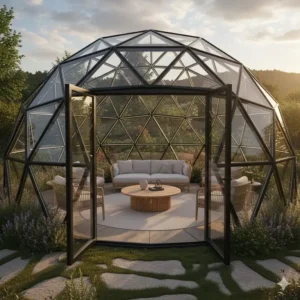Interior view of a glass dome pergola styled with minimalist patio furniture and plants.