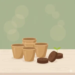 Biodegradable starter pots and compressed soil pellets for a beginner gardening starter kit.