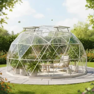 A detailed view of the geodesic frame and cover of an igloo for outside.