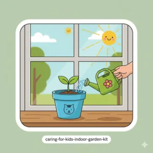 An illustration showing the proper sunlight and watering care needed for childrens plant growing kits on a windowsill.
