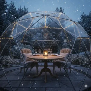 An elegant outdoor dining setup inside a clear dome for outside during a snowy evening.