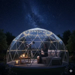Relaxing stargazing experience inside a fully transparent patio dome.