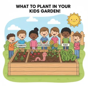 Colorful graphic showing easy-to-grow vegetables like carrots and radishes in a kids garden bed.