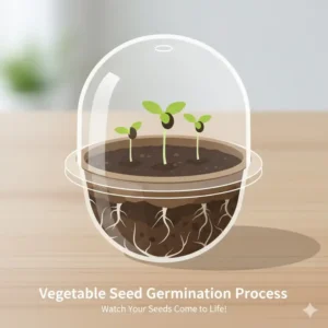 Close-up of organic vegetable sprouts beginning to grow inside a container garden kit.