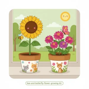 Vibrant flowers like sunflowers and zinnias blooming from childrens plant growing kits to attract bees and butterflies.