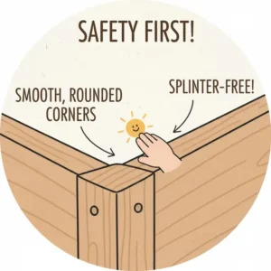 A close-up illustration highlighting the smooth sanded surfaces and rounded corners of a safe childrens planter box.