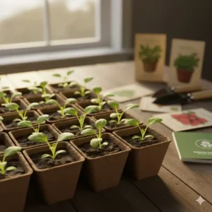 Green vegetable seedlings growing in small biodegradable pots from a beginners garden kit.