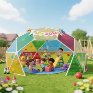 A ventilated summer sunroom igloo for outside surrounded by garden plants.