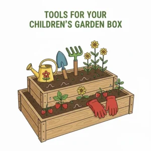 A set of ergonomic child-sized gardening tools resting next to a raised childrens garden box.