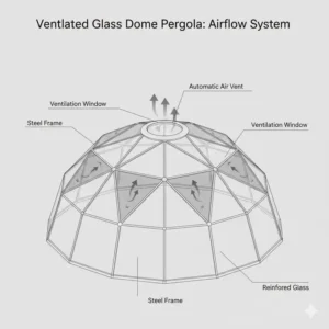 Technical diagram showing the ventilation and airflow system of a glass dome pergola.