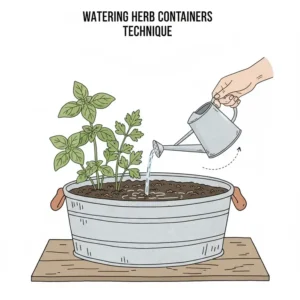 Visual guide on the proper soil-level watering technique for a thriving herb container garden.