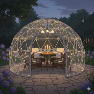 Elegant outdoor dining setup organized inside a modern patio dome.