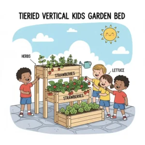 A multi-level tiered kids garden bed used for small space gardening and herbs.
