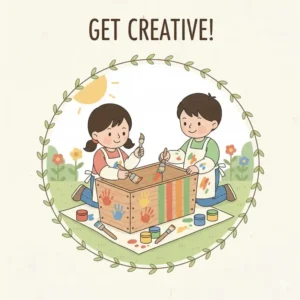 An artistic illustration of a childrens planter box being decorated with bright handprints and colorful outdoor paint.