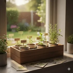 An indoor herb-specific beginners garden kit sitting on a sunny kitchen windowsill.