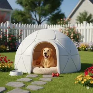 A colorful kids play zone igloo for outside on a green lawn.