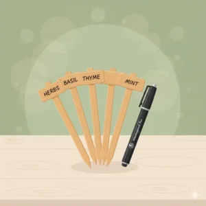 Bamboo plant labels and a waterproof marker for organizing a gardening starter kit.