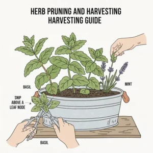 Step-by-step illustration showing how to prune and harvest plants from your herb container garden.
