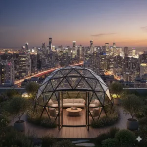 A high-end glass dome pergola installed on a modern rooftop terrace overlooking the city.