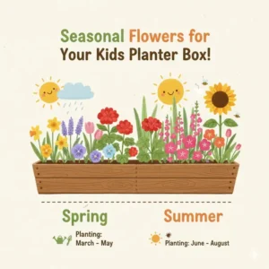 A seasonal guide featuring different types of flowers suitable for a kids planter box.