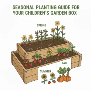 A colorful calendar illustration showing what to plant in a childrens garden box during different seasons.