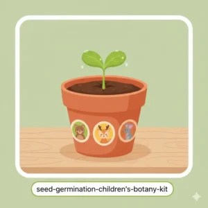 A close-up visual of a tiny green sprout germinating from the soil of childrens plant growing kits.
