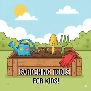 Illustration of colorful hand shovels and a watering can resting on the ledge of a kids garden bed.