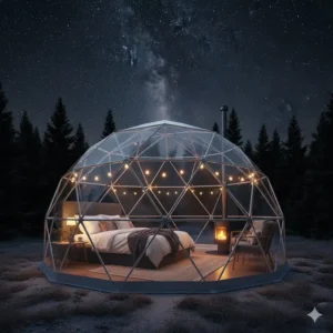 A glamping style dome for outside optimized for stargazing with a clear view of the sky.