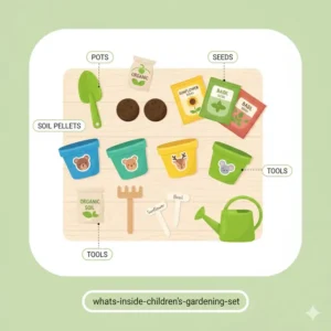 An overhead view showing all the components included in professional childrens plant growing kits such as tools and markers.