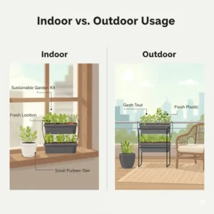 A comparison showing how the same container garden kit works for both indoor windowsills and outdoor patios.