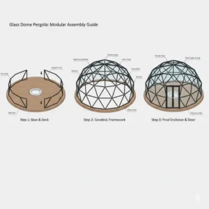 Step-by-step assembly guide for a modular glass dome pergola on a wooden deck.