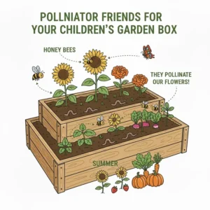 An illustration of bees and butterflies visiting flowers planted inside a childrens garden box to teach kids about pollination.