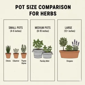 Comparison chart of different pot dimensions and sizes suitable for a herb container garden.