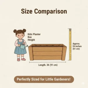A scale drawing showing the height and width dimensions of a standard kids planter box.