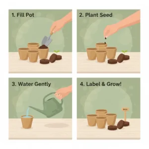 An instructional illustration showing how to use a gardening starter kit in four easy steps.