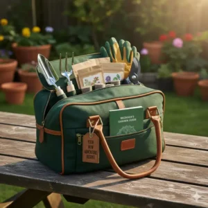 A durable green canvas storage bag holding all the components of a beginners garden kit.